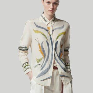 Altuzarra Chika Botanical Print Button Up Blouse Ivory Silk Size IT46 XL L $995